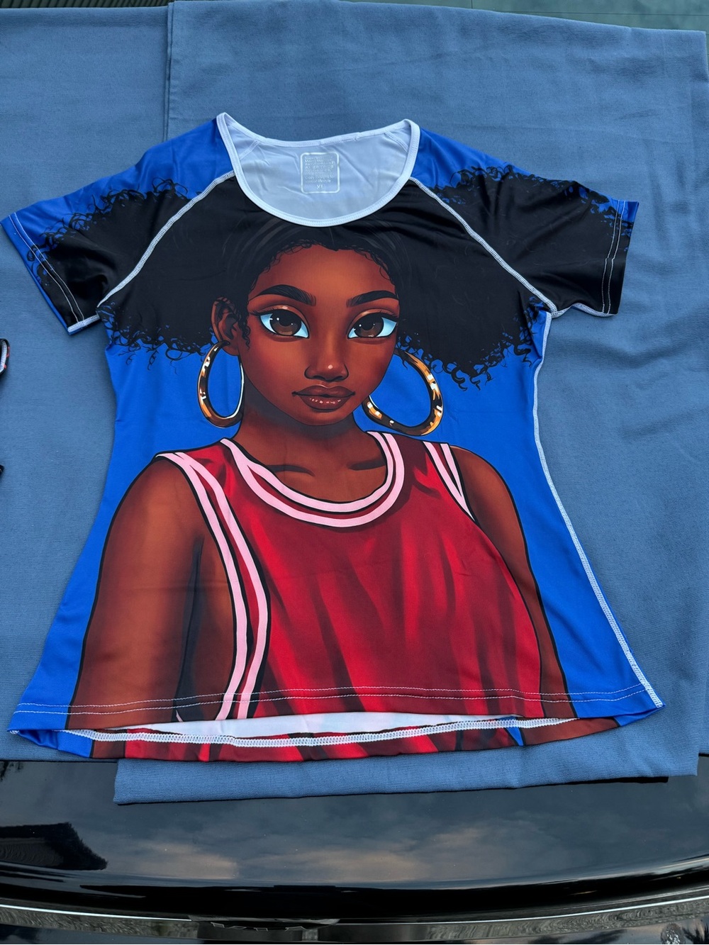Girls' Blue Graphic Tee with Red Tank Illustration